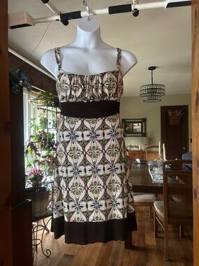 Y2K Studio Y Sleeveless Printed Empire-Waist Dress in Beige, Brown & Green XL